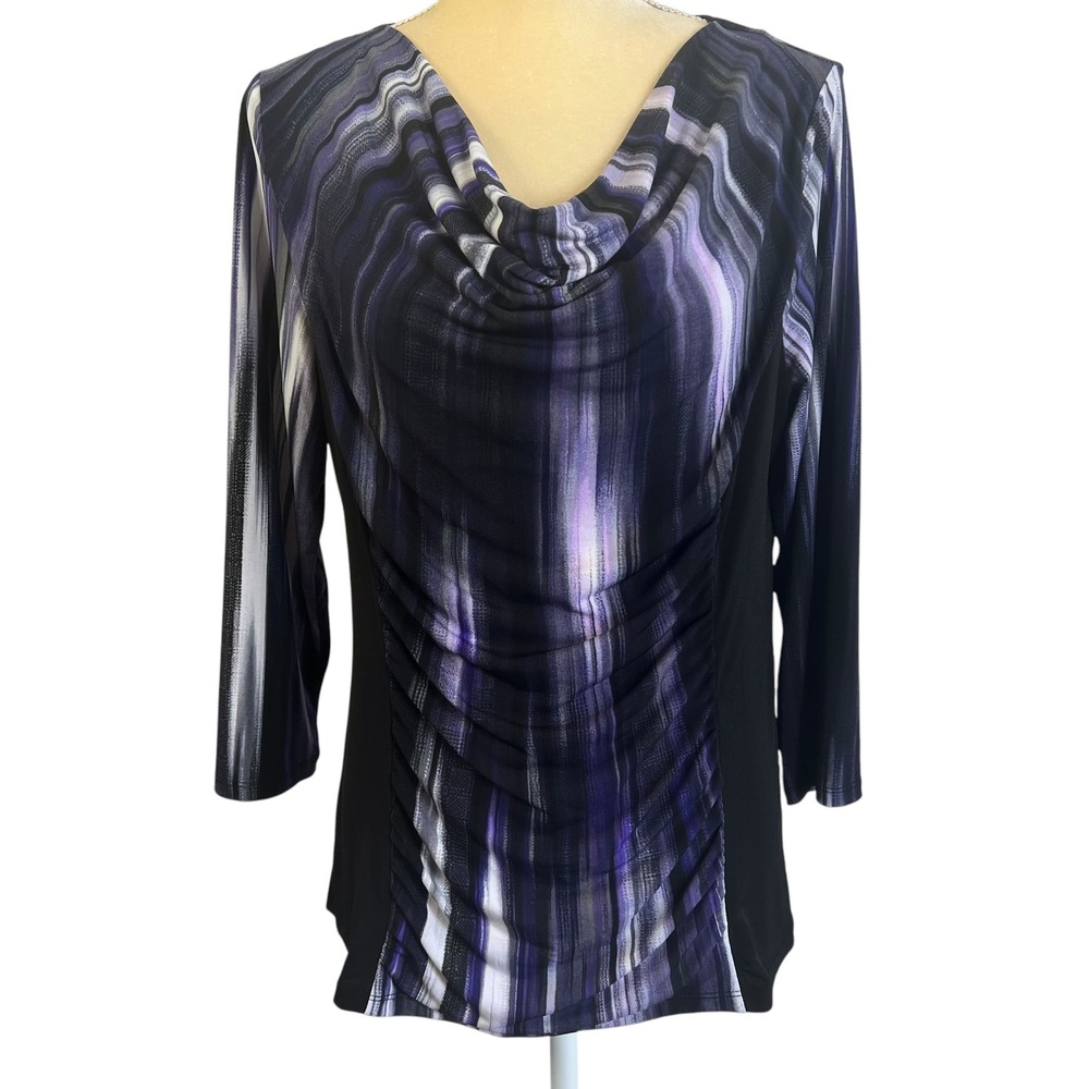 Dana Buchman Women's‎ Cowl Neck Top Purple Print 3/4 Sleeve Blouse Size Large